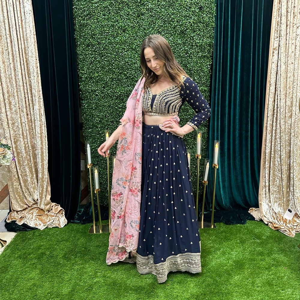 Navy, gold, silver Lehenga with attached pink dupatta